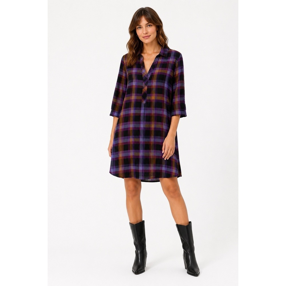 J.Jill Plaid Shirt Dress Womens L Purple Rayon Tunic Gorpcore Hiking Outdoor EUC